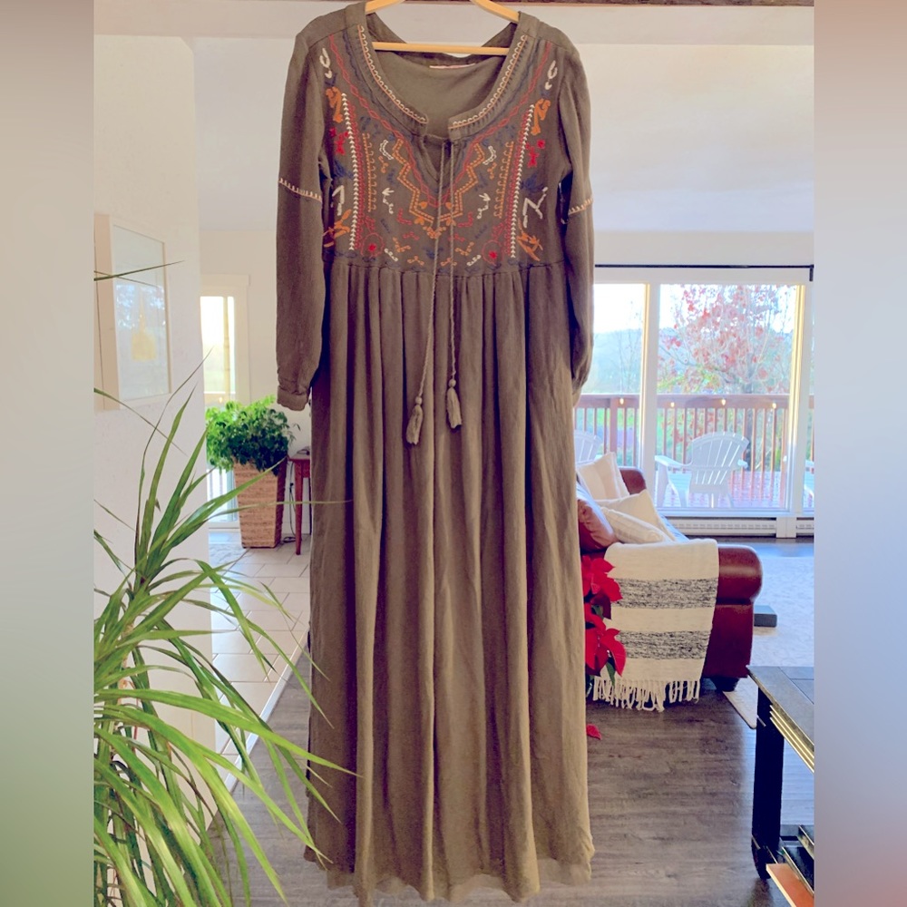 Olive Embroidered Midi Dress with Tassel Tie